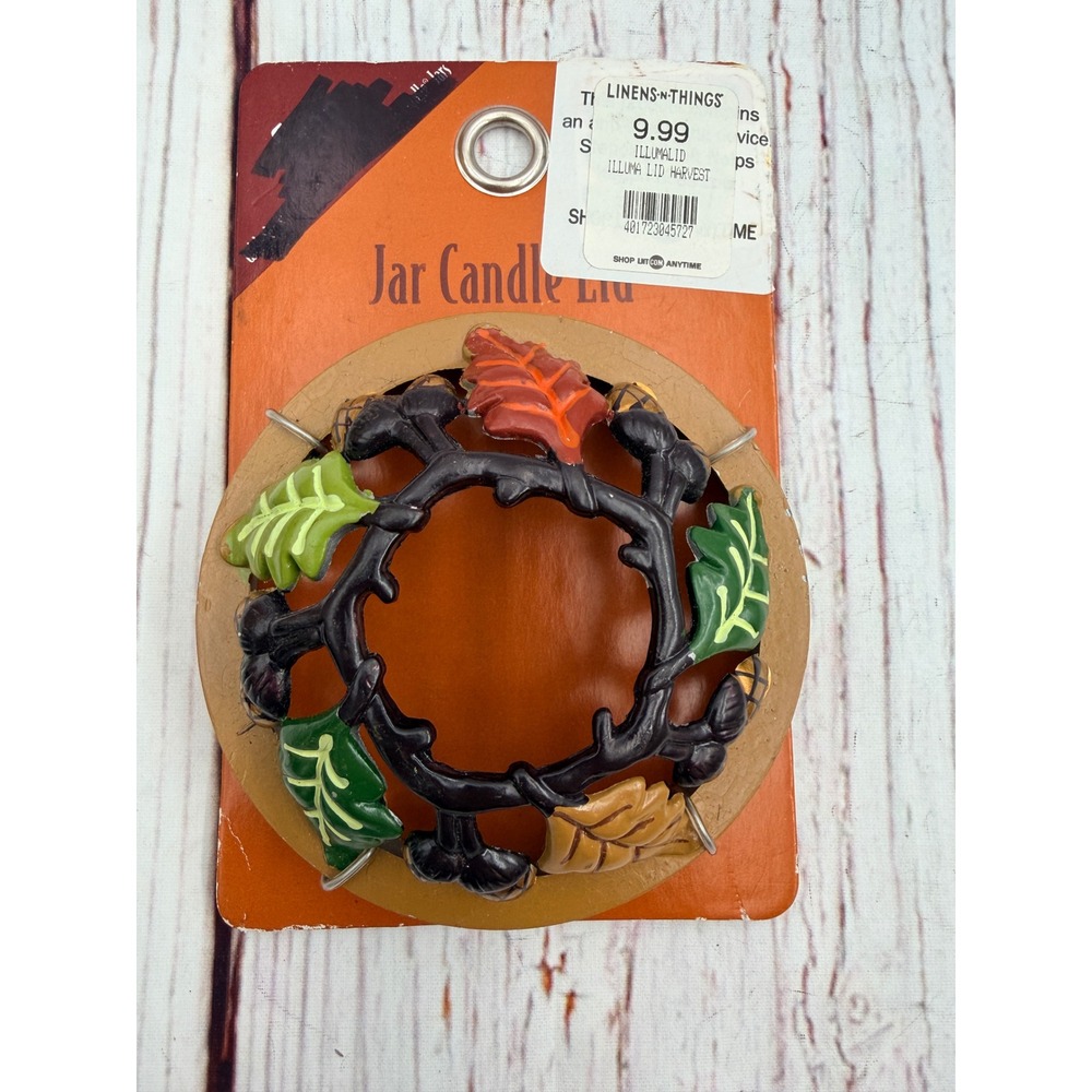 Linens-N-Things Illumalid Harvest Jar Candle Lid Autumn Leaves Acorns Topper
